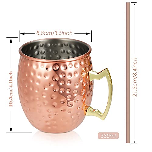 Moscow Mule Becher 4er Set, 4 x 18oz Kupferbecher, inkl. 4 Strohhalme, Edelstahl
