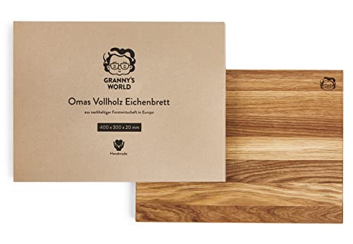 Granny's World® Vollholz Schneidebrett aus Eichenholz | Groß 40 x 30 x 2cm | Robust & langlebig | Nachhaltige Forstwirtschaft aus Europa | Servierbrett | Antibakterielles Küchenbrett | Eichenbrett