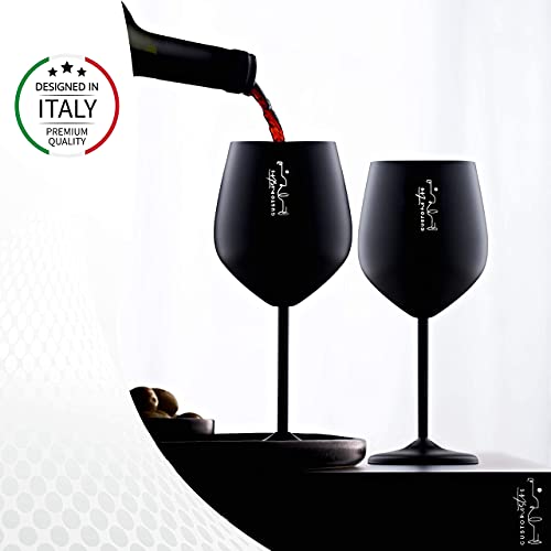 Weingläser mit Stiel aus Edelstahl, 540ml, Elegante Kelche Schwarz, 2er Pack