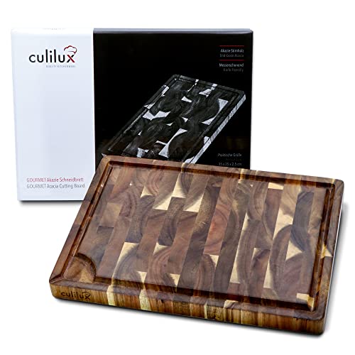 CULILUX¨ Gourmet Schneidebrett L Stirnholz Akazie 2-seitig 35 x 25 x 2.5 cm mit Saftrille antiseptisches Hirnholz Holzbrett als Schneidbrett und zum Servieren