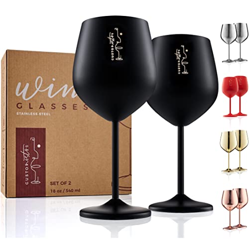 Weingläser mit Stiel aus Edelstahl, 540ml, Elegante Kelche Schwarz, 2er Pack
