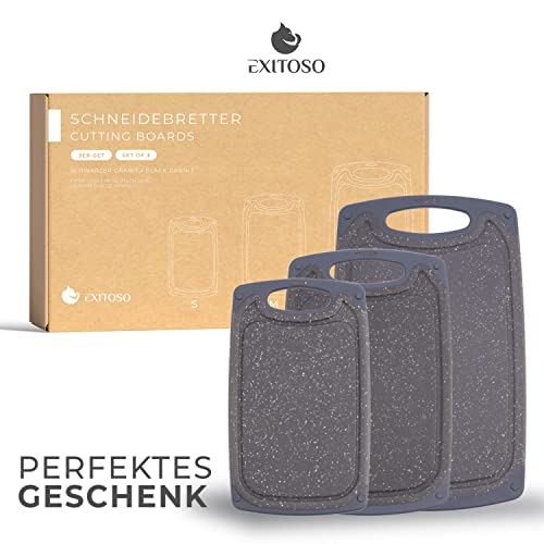 Exitoso Schneidebrett 3er Set Saftrille - Schneidebrett spülmaschinenfest Brettchen rutschfest - Marmoroptik dunkel Schneidebrett Kunststoff BPA frei Schneidebretter Kunststoff groß Schneidebrett Set