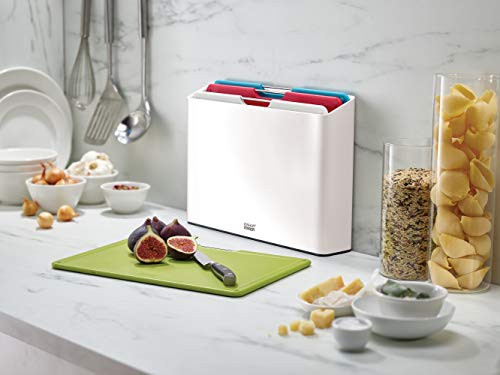 Joseph Joseph Folio - 4-teiliges rutschfestes Küchenschneidebrett-Set, farbcodierte Bretter mit Slimline-Aufbewahrungsbox, Küchenorganisation, Weiß