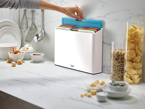 Joseph Joseph Folio - 4-teiliges rutschfestes Küchenschneidebrett-Set, farbcodierte Bretter mit Slimline-Aufbewahrungsbox, Küchenorganisation, Weiß