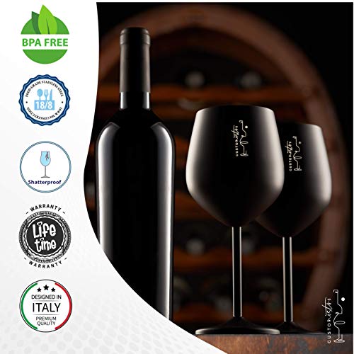 Weingläser mit Stiel aus Edelstahl, 540ml, Elegante Kelche Schwarz, 2er Pack