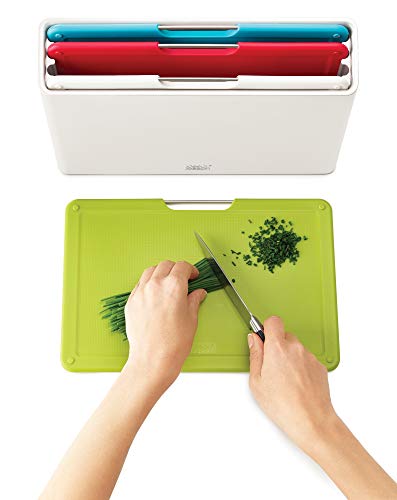 Joseph Joseph Folio - 4-teiliges rutschfestes Küchenschneidebrett-Set, farbcodierte Bretter mit Slimline-Aufbewahrungsbox, Küchenorganisation, Weiß
