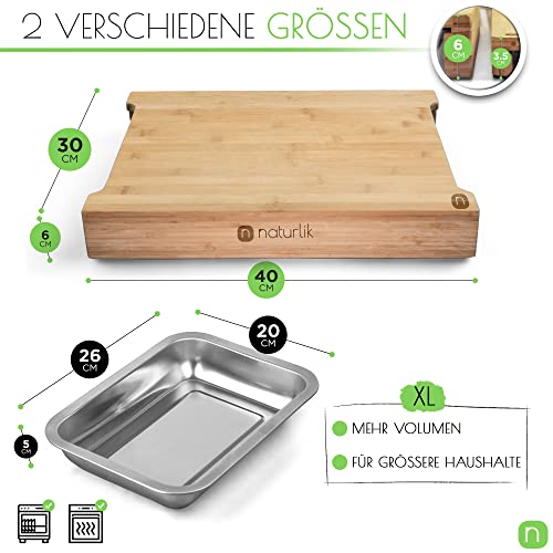 naturlik Schneidebrett XL mit magnetischen Auffangschalen - Hochwertiges FSC® Bambus Schneidebrett mit Auffangschale - Schneidebrett Holz - Holzbrett Küche - Praktische Küchenhilfe