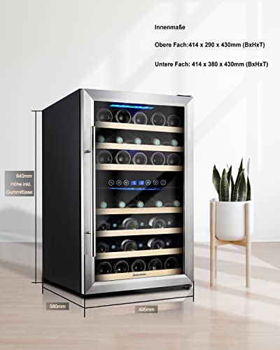 Kalamera Weinkühlschrank 2 Zonen, Edelstahloptik, 45 Flaschenn, 120 Liter mit Zwei Kühlzonen
