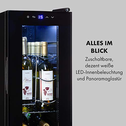 Klarstein Weinkühlschrank Shiraz, 1 Zonen Getränkekühlschrank Schmal, Leiser Kühlschrank mit Glastür