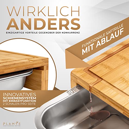 PLAMYS XXL Schneidebrett Set aus Bambus mit 4 großen Edelstahl Auffangschalen rostfrei und spülmaschinenfest, Schneidebrett Holz mit Anti-Rutsch Silikonfüße und LFGB Zertifizierung