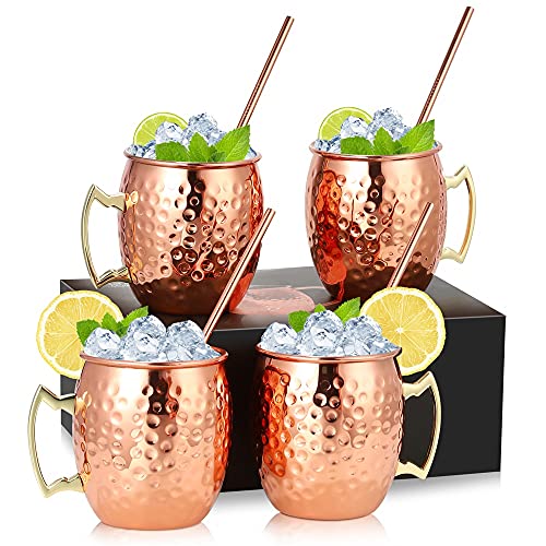 Moscow Mule Becher 4er Set, 4 x 18oz Kupferbecher, inkl. 4 Strohhalme, Edelstahl
