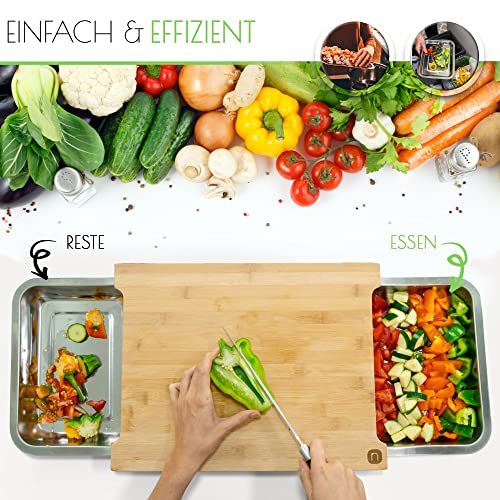 naturlik Schneidebrett XL mit magnetischen Auffangschalen - Hochwertiges FSC® Bambus Schneidebrett mit Auffangschale - Schneidebrett Holz - Holzbrett Küche - Praktische Küchenhilfe