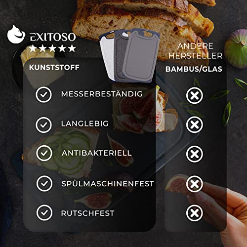 Exitoso Schneidebrett 3er Set Saftrille - Schneidebrett spülmaschinenfest Brettchen rutschfest - Marmoroptik dunkel Schneidebrett Kunststoff BPA frei Schneidebretter Kunststoff groß Schneidebrett Set