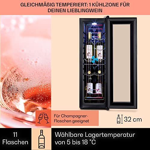 Klarstein Weinkühlschrank Shiraz, 1 Zonen Getränkekühlschrank Schmal, Leiser Kühlschrank mit Glastür