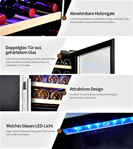 Kalamera Weinkühlschrank 2 Zonen, Edelstahloptik, 45 Flaschenn, 120 Liter mit Zwei Kühlzonen