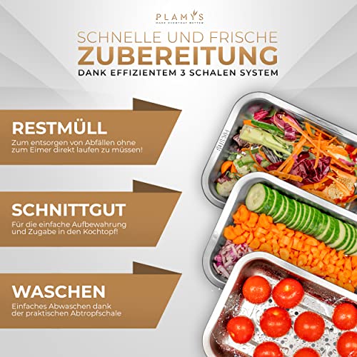 PLAMYS XXL Schneidebrett Set aus Bambus mit 4 großen Edelstahl Auffangschalen rostfrei und spülmaschinenfest, Schneidebrett Holz mit Anti-Rutsch Silikonfüße und LFGB Zertifizierung