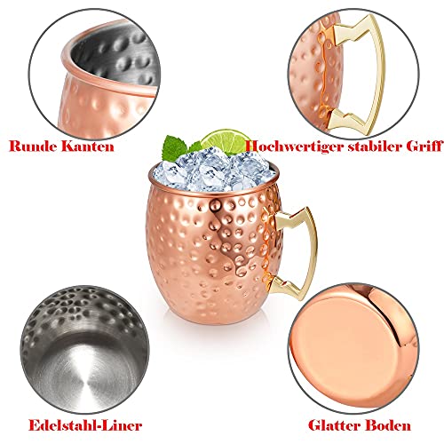 Moscow Mule Becher 4er Set, 4 x 18oz Kupferbecher, inkl. 4 Strohhalme, Edelstahl