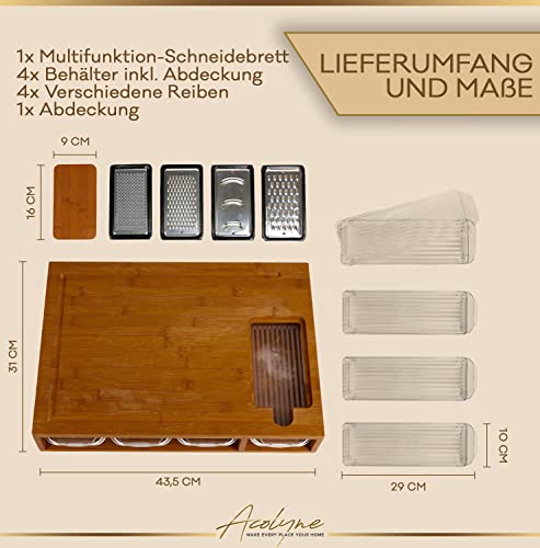 𝐀𝐜𝐨𝐥𝐲𝐧𝐞® XXL Schneidebrett mit Auffangschale aus hoch KARBONISIERTEN BAMBUS mit 4x Schäler-Aufsatz und Abdeckung | Frankfurter Brett | Schneidebrett Holz | Cutting board