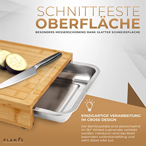 PLAMYS XXL Schneidebrett Set aus Bambus mit 4 großen Edelstahl Auffangschalen rostfrei und spülmaschinenfest, Schneidebrett Holz mit Anti-Rutsch Silikonfüße und LFGB Zertifizierung