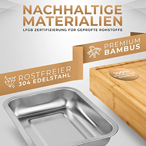 PLAMYS XXL Schneidebrett Set aus Bambus mit 4 großen Edelstahl Auffangschalen rostfrei und spülmaschinenfest, Schneidebrett Holz mit Anti-Rutsch Silikonfüße und LFGB Zertifizierung