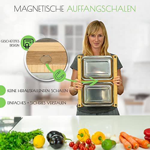 naturlik Schneidebrett XL mit magnetischen Auffangschalen - Hochwertiges FSC® Bambus Schneidebrett mit Auffangschale - Schneidebrett Holz - Holzbrett Küche - Praktische Küchenhilfe
