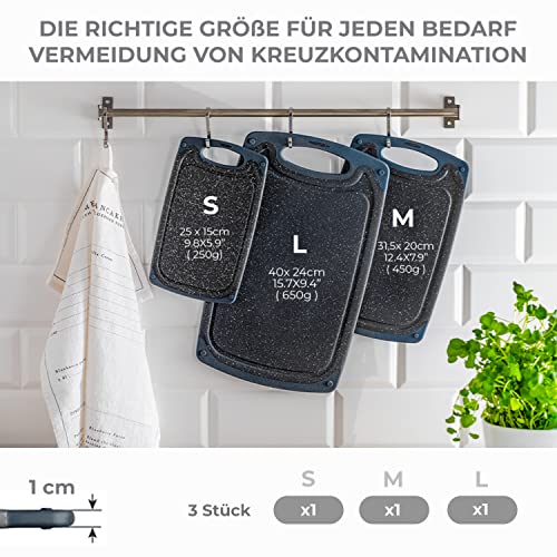 Exitoso Schneidebrett 3er Set Saftrille - Schneidebrett spülmaschinenfest Brettchen rutschfest - Marmoroptik dunkel Schneidebrett Kunststoff BPA frei Schneidebretter Kunststoff groß Schneidebrett Set