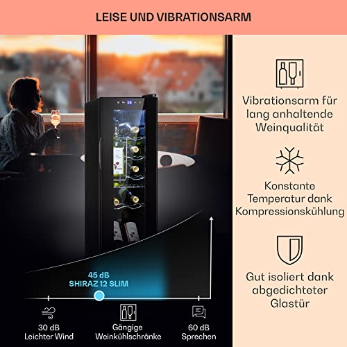 Klarstein Weinkühlschrank Shiraz, 1 Zonen Getränkekühlschrank Schmal, Leiser Kühlschrank mit Glastür