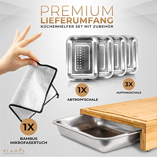PLAMYS XXL Schneidebrett Set aus Bambus mit 4 großen Edelstahl Auffangschalen rostfrei und spülmaschinenfest, Schneidebrett Holz mit Anti-Rutsch Silikonfüße und LFGB Zertifizierung