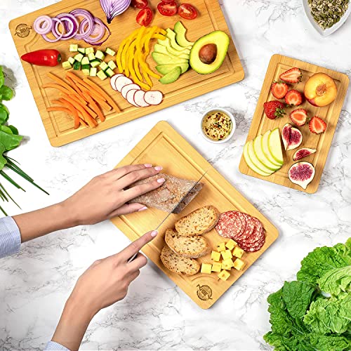 2 in 1 großes Premium Schneidebrett aus Holz und Bambus | 3er Set | Schneidebrett Set mit Saftrille | Professionelle Qualität für die Küche | Perfekte Schneidebretter für Brot, Fleisch, Obst