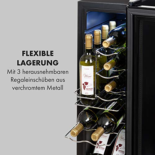 Klarstein Weinkühlschrank Shiraz, 1 Zonen Getränkekühlschrank Schmal, Leiser Kühlschrank mit Glastür