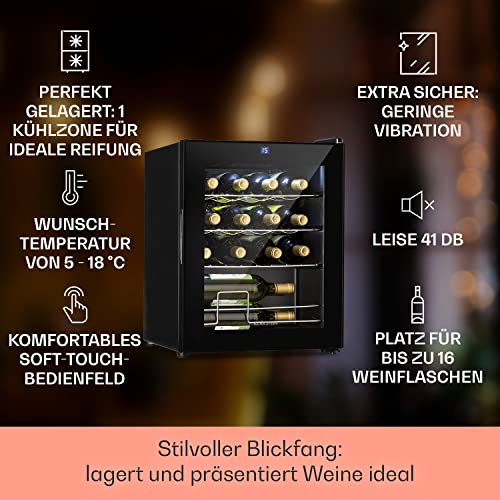 Klarstein Weinkühlschrank Shiraz, 1 Zonen Getränkekühlschrank Schmal für 16 Flaschen