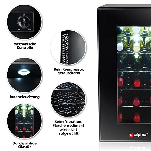Alpina Weinkühlschrank 18 Flaschen Kapazität, Temperatur Regelbar von 11°C bis 22°C
