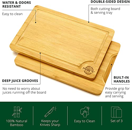 2 in 1 großes Premium Schneidebrett aus Holz und Bambus | 3er Set | Schneidebrett Set mit Saftrille | Professionelle Qualität für die Küche | Perfekte Schneidebretter für Brot, Fleisch, Obst