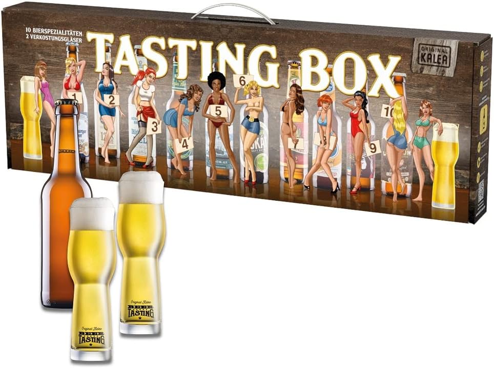 Beer Tasting Box mit 10 deutschen Bieren und 2 Verkostungsgläser im Pin Up Design
