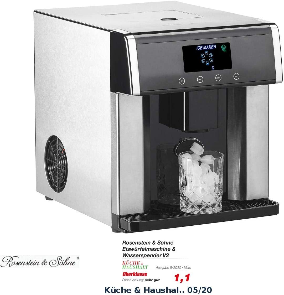 Rosenstein & Söhne Eiswürfelbereiter: Eiswürfelmaschine & Wasserspender V2 mit XL-Display