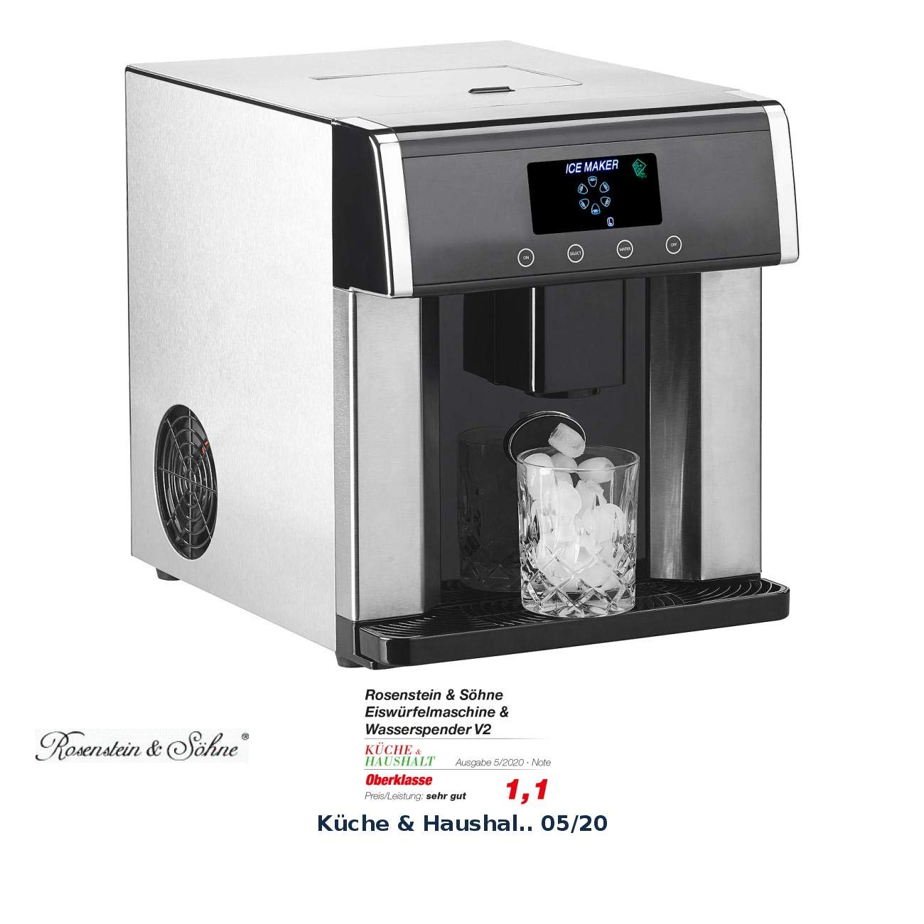 Rosenstein & Söhne Eiswürfelbereiter: Eiswürfelmaschine & Wasserspender V2 mit XL-Display