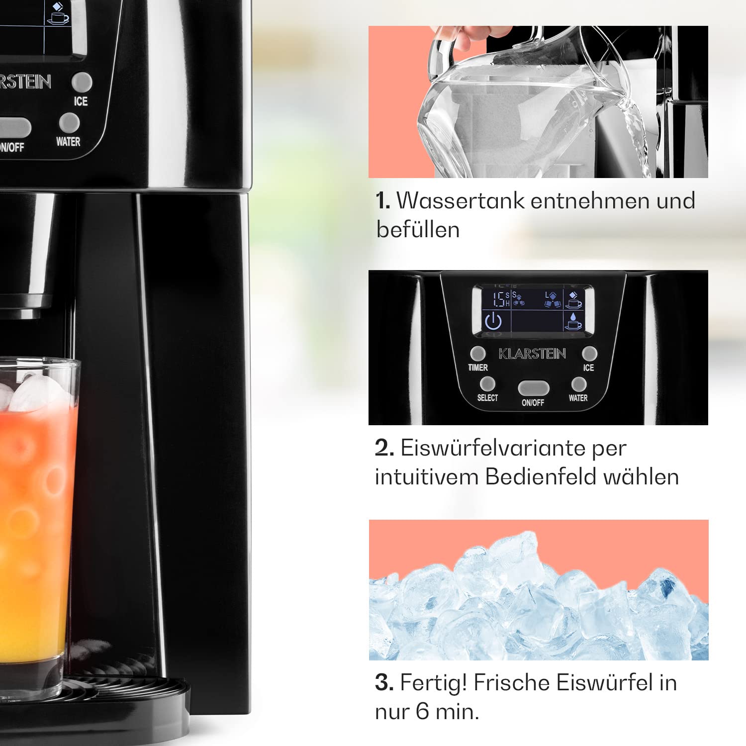 Klarstein Eiswürfelmaschine Klein, Ice Cube Maker, Schneller Eiswürfelbereiter