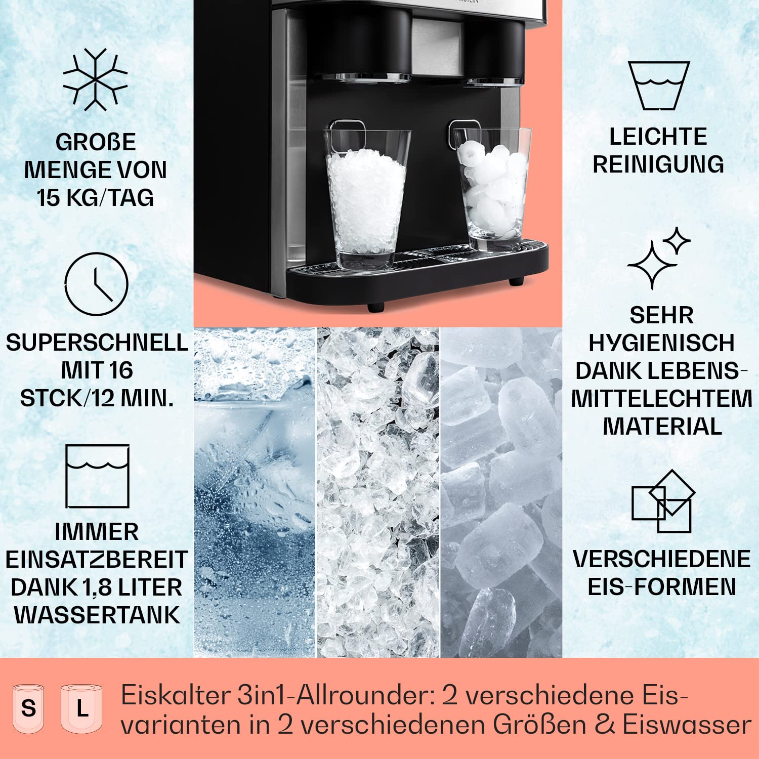 Klarstein Eiswürfelmaschine Klein, Crushed Ice Maschine & Ice Cube Maker
