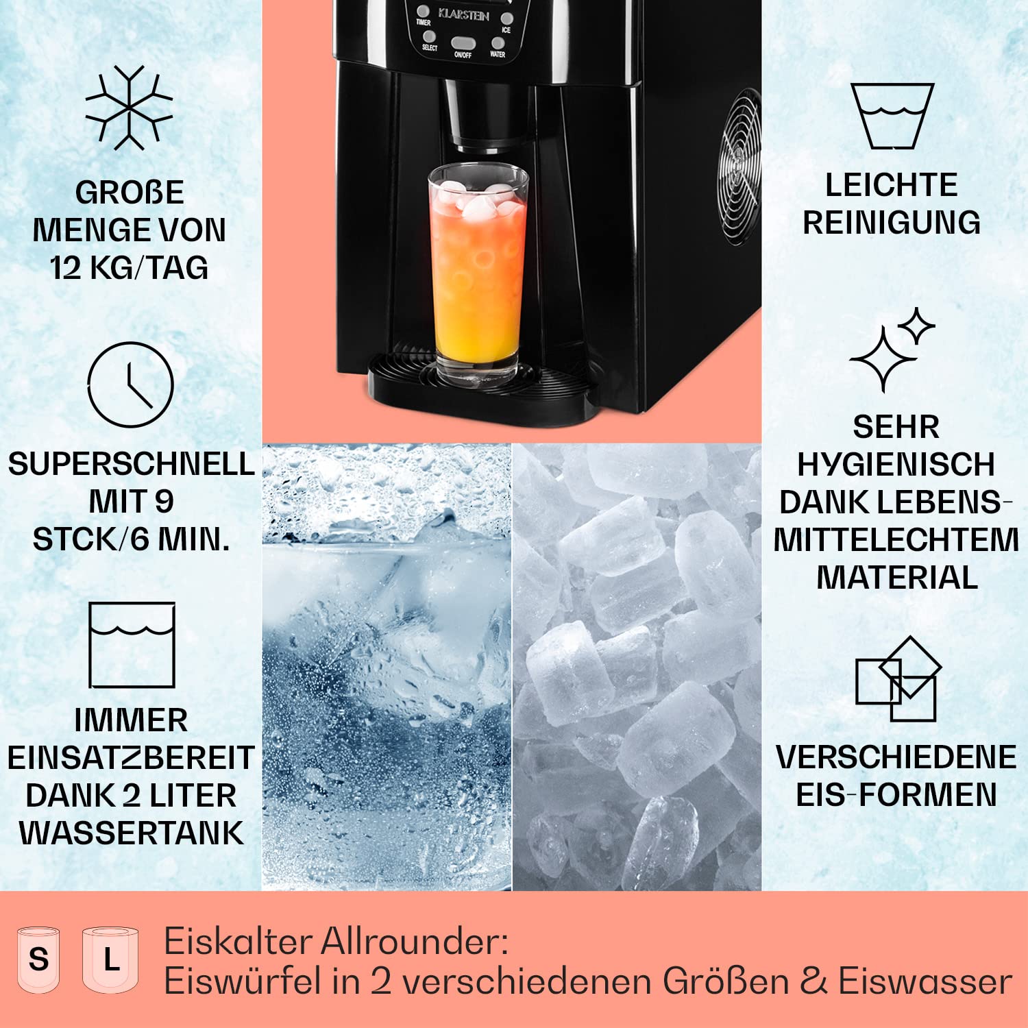 Klarstein Eiswürfelmaschine Klein, Ice Cube Maker, Schneller Eiswürfelbereiter