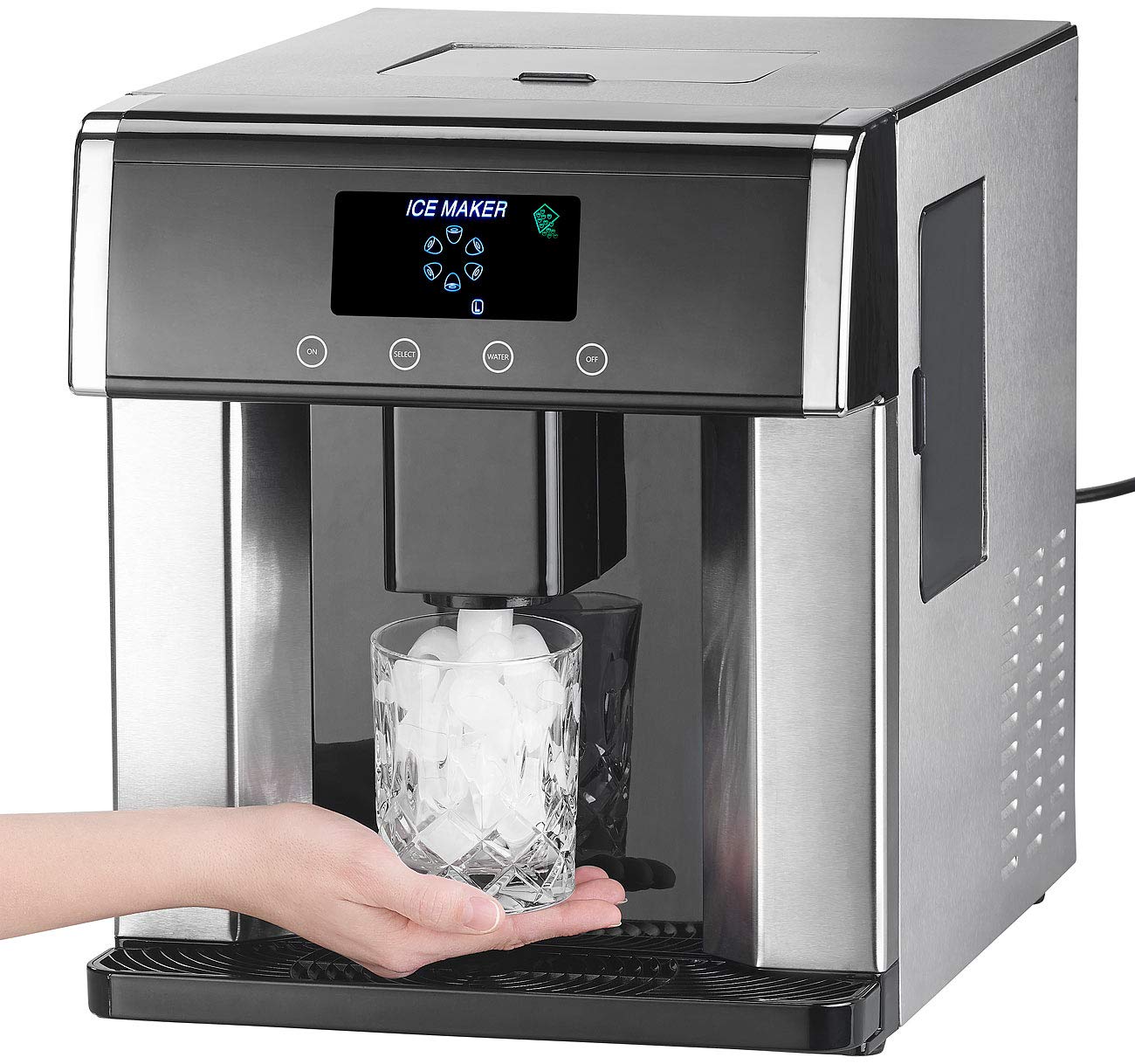 Rosenstein & Söhne Eiswürfelbereiter: Eiswürfelmaschine & Wasserspender V2 mit XL-Display