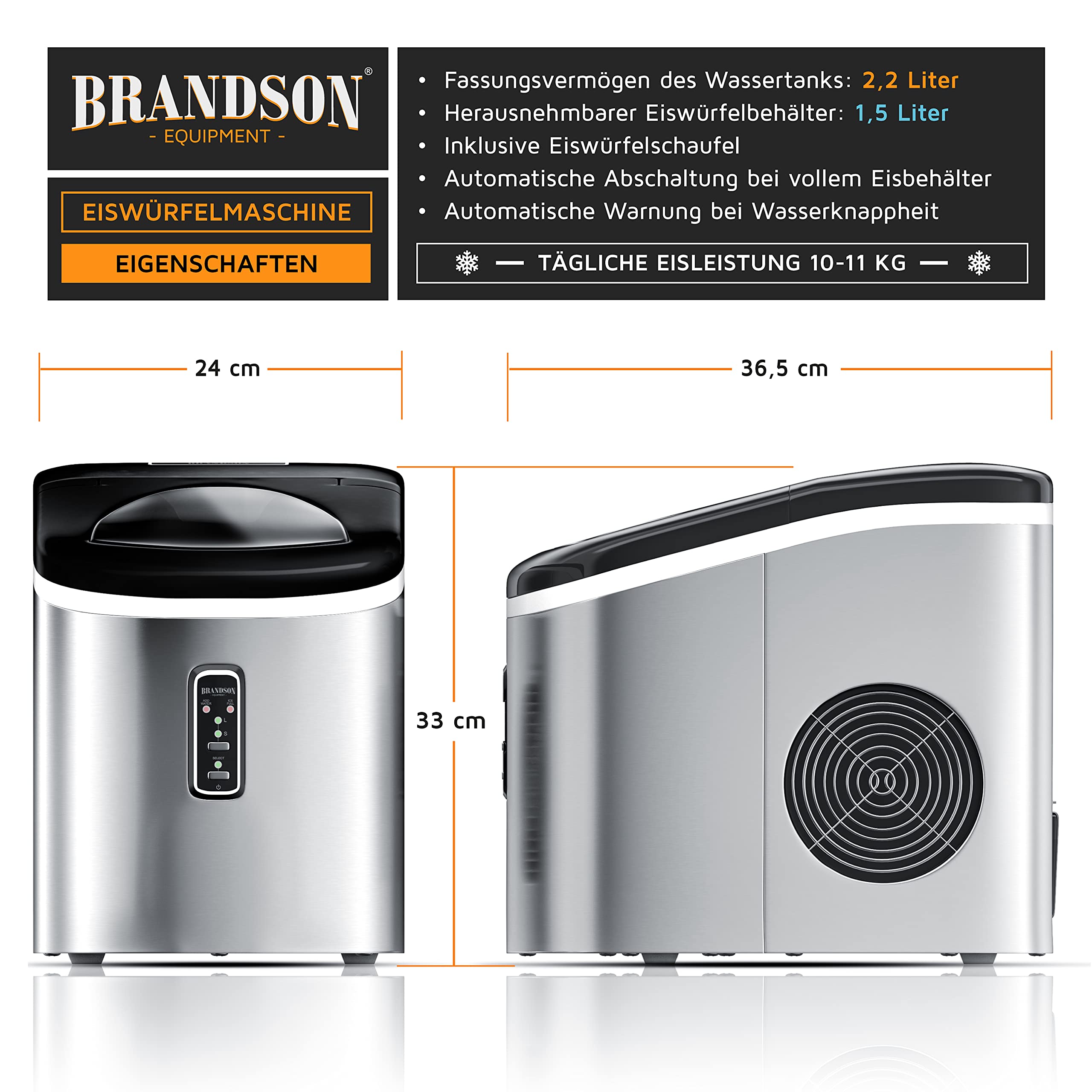 Brandson Eiswürfelmaschine – Eiswürfelbehälter 2,2 Liter - Edelstahl