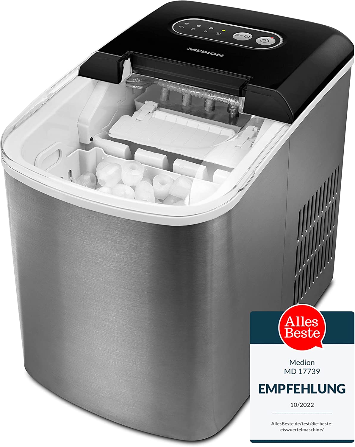 EDION Eiswürfelmaschine mit 2,2 Liter Wassertank, kurze Produktionsdauer 6-12 Minuten, 2 wählbare Eiswürfelgrößen