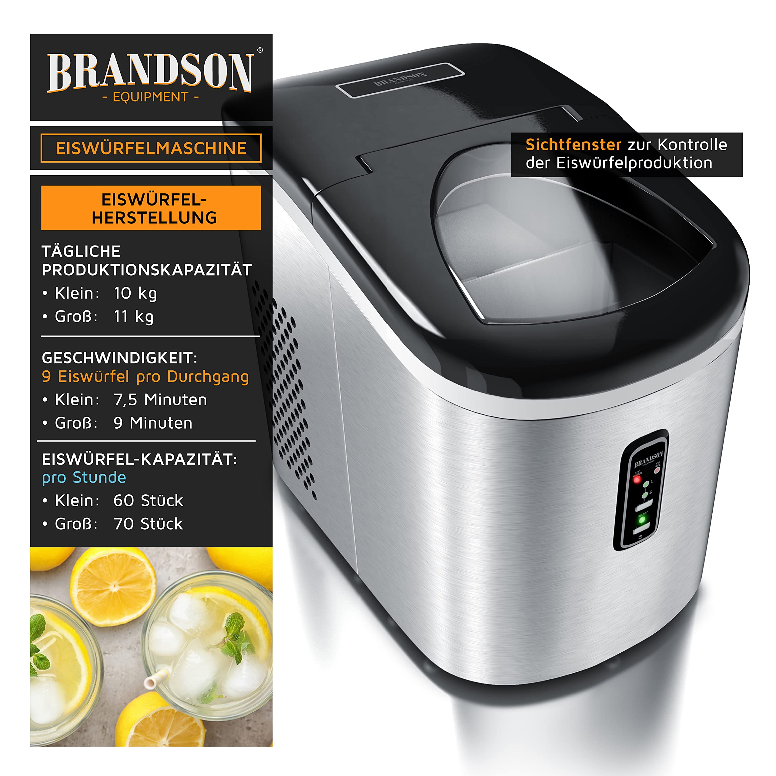 Brandson Eiswürfelmaschine – Eiswürfelbehälter 2,2 Liter - Edelstahl